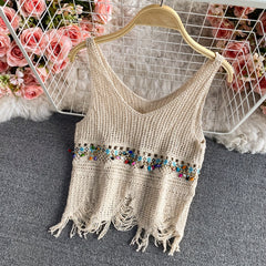 Hollow crochet flowers crop tops sexy V neck knitted camis