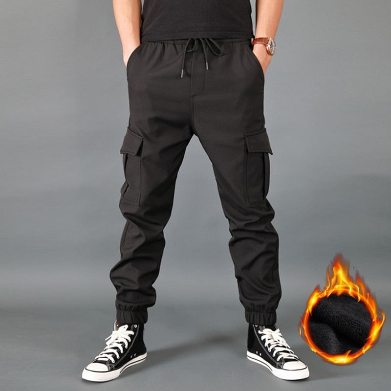 Men Pants Thick Fleece Joggers Multi Pocket Loose Sport Trousers Casual Pants