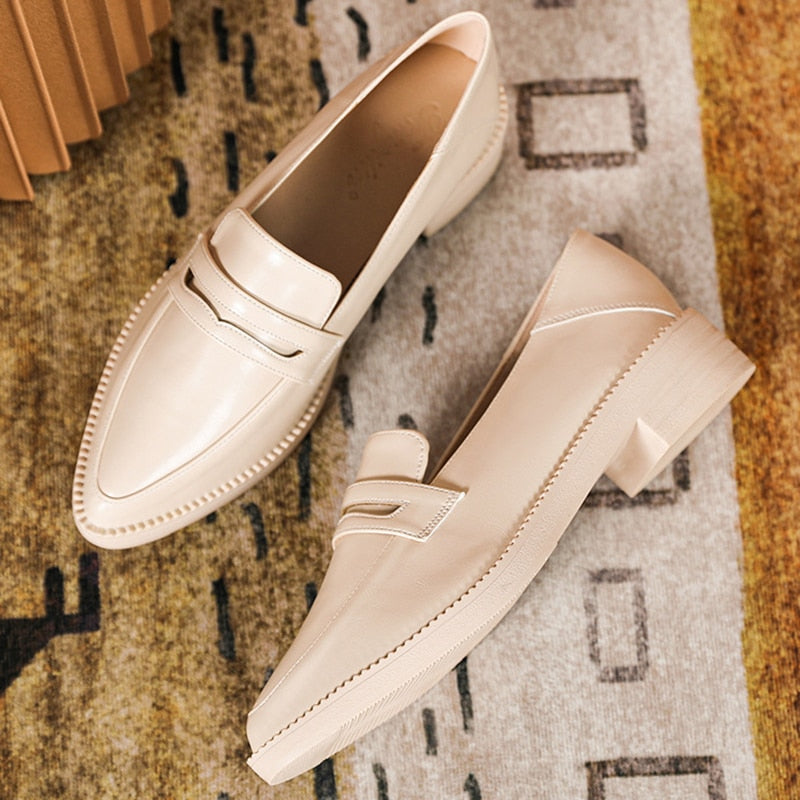 pointed toe small leather shoes women flats shallow slip on loafers