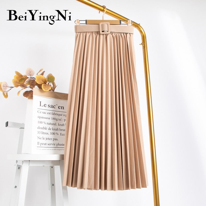 High Waist Women Skirt Casual Vintage Solid Belted Pleated Midi Skirts