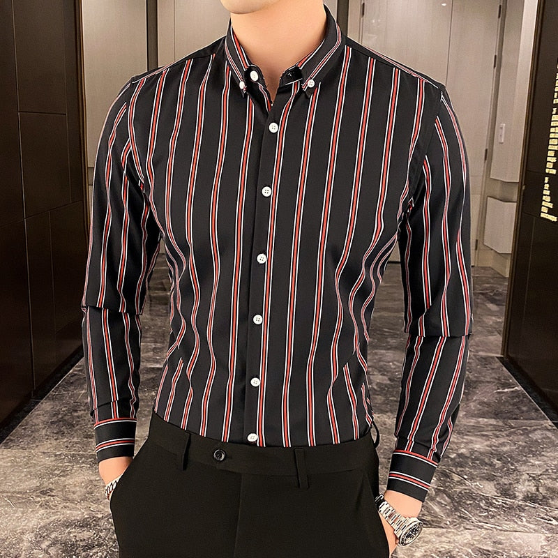 Long Sleeve Striped Shirts Men Simple Slim Fit Business Office Blouse