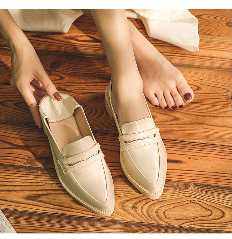 pointed toe small leather shoes women flats shallow slip on loafers