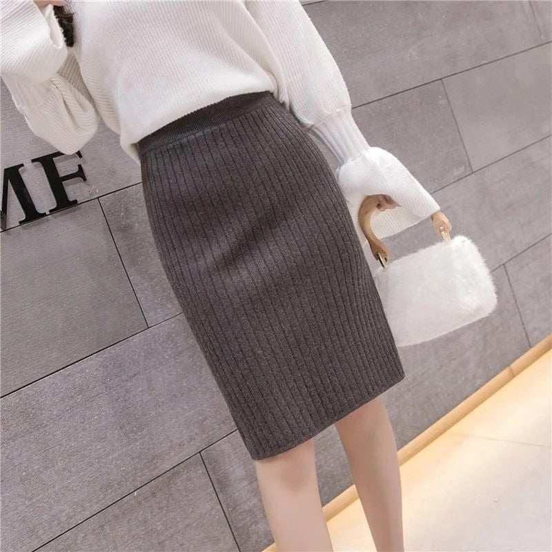 Knit Pencil Skirt Women High Waist Elastic Skirts