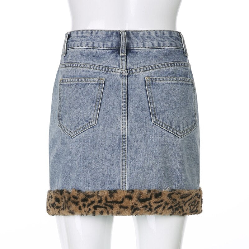 Streetwear Faux Fur Leopard Print Denim Skirt Mini Fashion Vintage