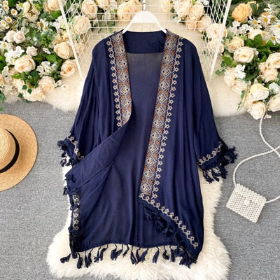 Women Long Kimono Shirt Ethnic Bohemian Vintage Embroidery