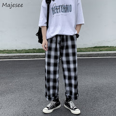 Men Casual Pants Plaid Ankle Length Loose Wide Leg Elastic Waist Trousers