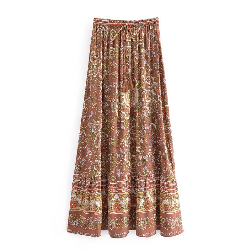 Bohemia Floral Print Long Skirt Spliced Ruched Ruffle Hem Hippie