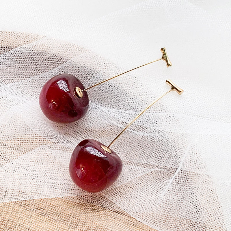 Style Sweet Gold Color Fresh Fruit Red Cherry Drop Earrings