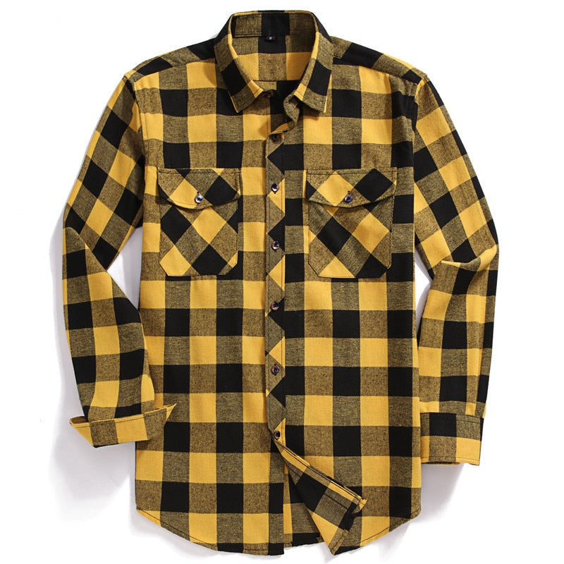 Men Casual Plaid Flannel Shirt Long-Sleeved Two Pocket Printed-Button