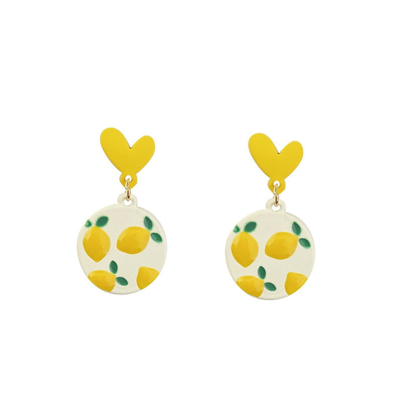 Yellow Lemon Earrings Design Peach Heart Love Sweet Girl Earrings