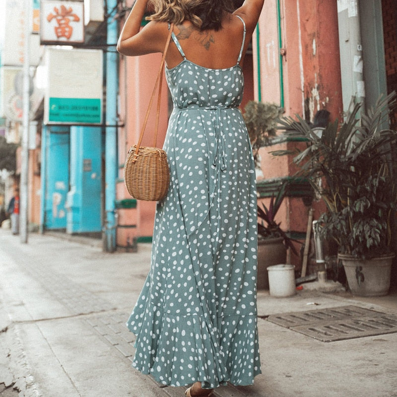 Vintage Polka Dot Print Sleeveless V-neck Beach Bohemian Dress