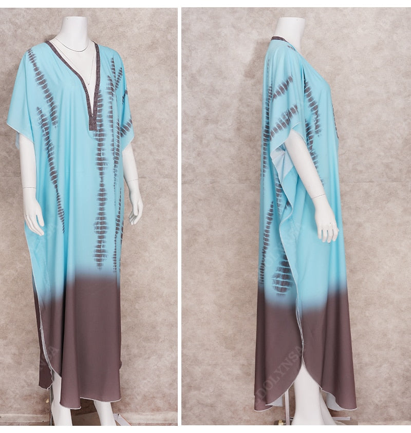 Green Boho Striped Kaftan Plus Size Retro V-neck Maxi Dress