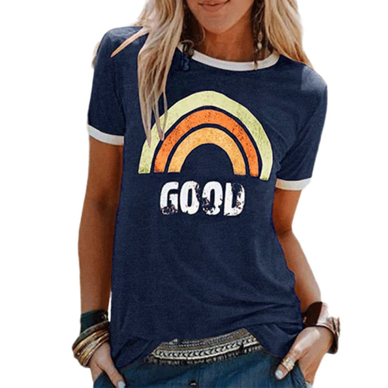 Rainbow Print Short Sleeve O-neck T-shirt   Cotton Tee Shirt