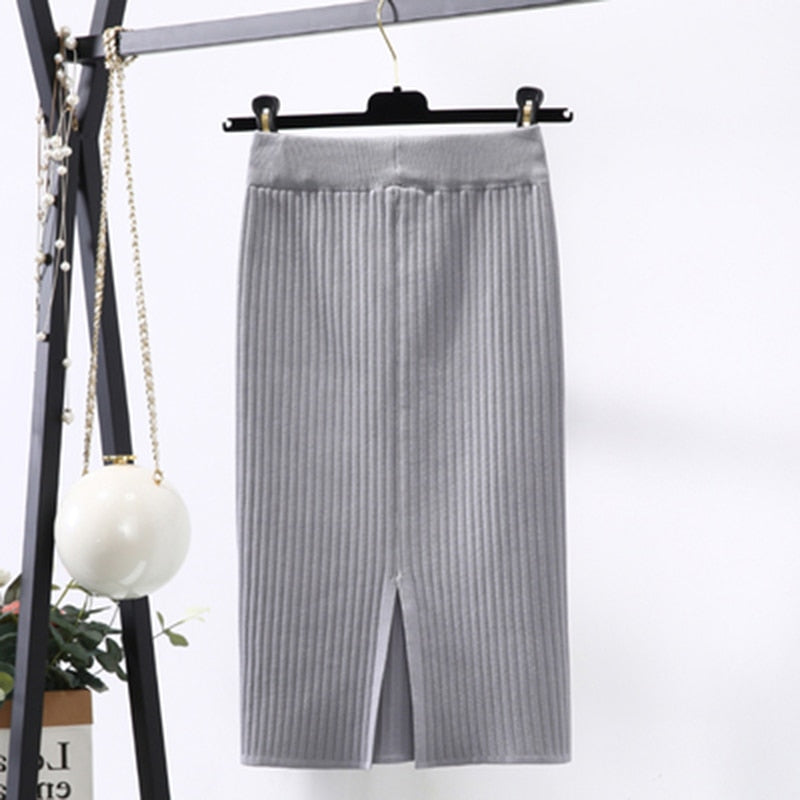 Knit Pencil Skirt Women High Waist Elastic Skirts