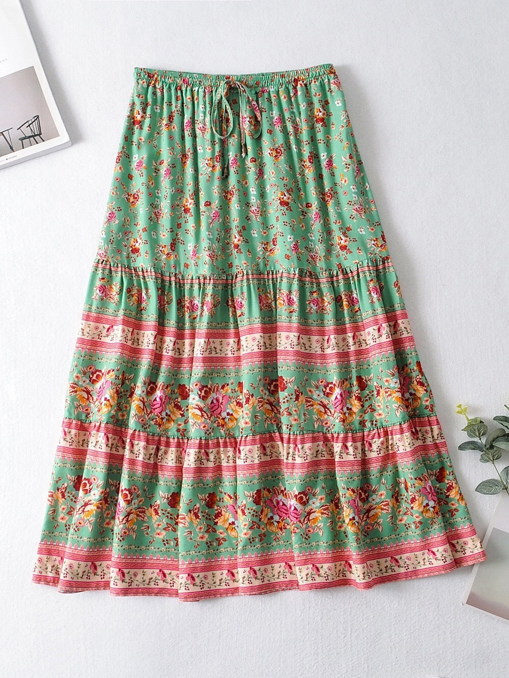 Bohemia Spliced Ruched Pleated Floral Print Women Skirt