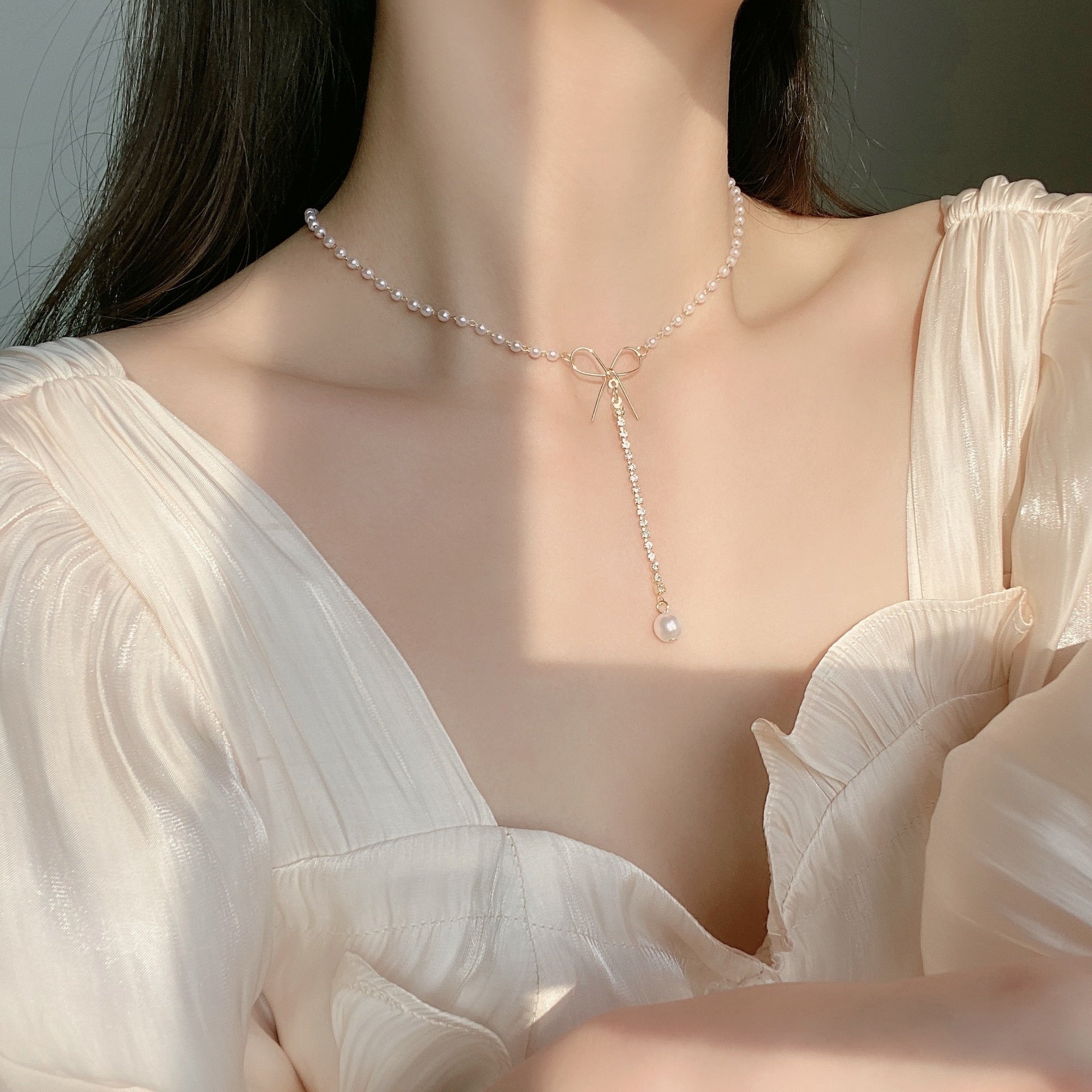 Dainty Pearl Flower Bow-knot Choker Necklace Long Chain Pearl Heart