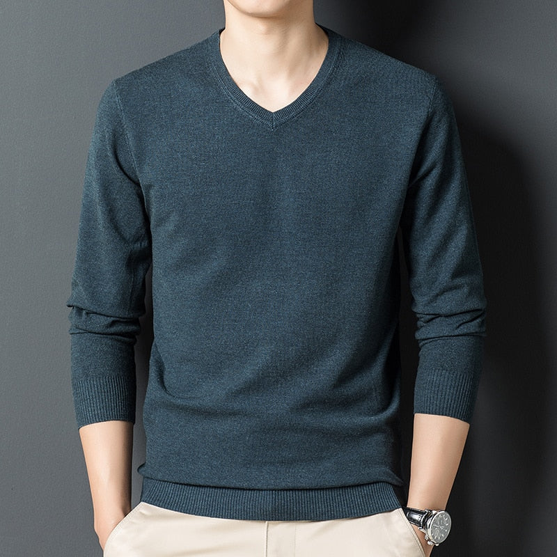 Men Woolen Sweaters Classic Business Pullover V-neck Sweater Bottoming Shirt