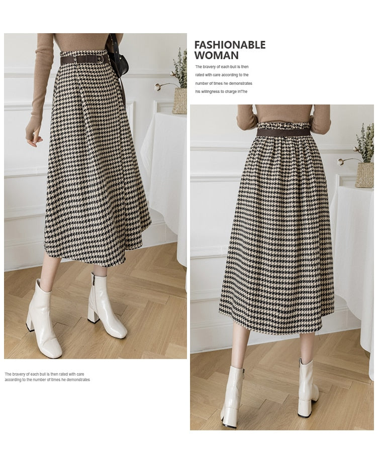 Warm Midi Long Skirt Women Style Irregular Plaid Mid-Length High Waist Skirt