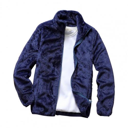 Men Coat Zipper Side Pockets Fleece Double Jacket Stand Collar Warm Jacket