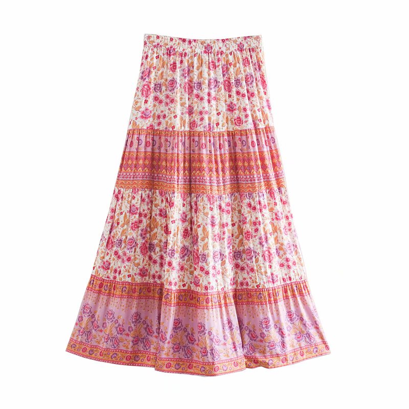 Bohemian Floral Print Skirts Elastic Waist Ruffle Midi Skirt Vintage