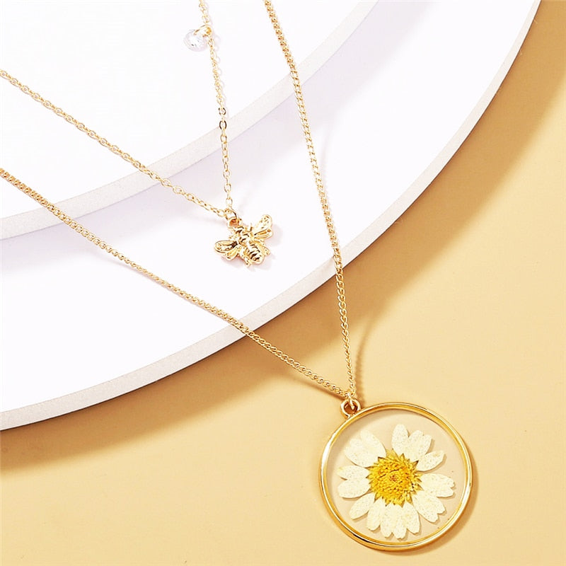 Double Layers Daisy Bee Pendant Tiny Honey Necklace