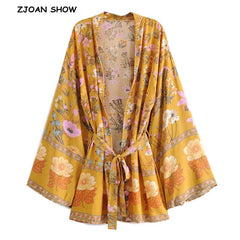 BOHO Women Bohemian Yellow V neck Flower Print Kimono Shirt