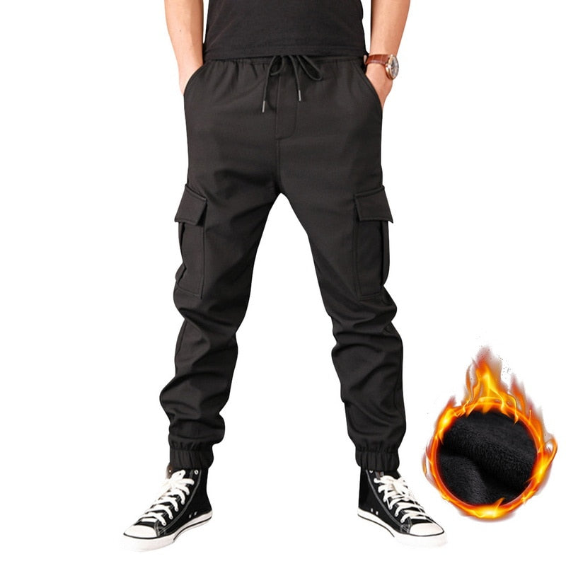 Men Pants Thick Fleece Joggers Multi Pocket Loose Sport Trousers Casual Pants