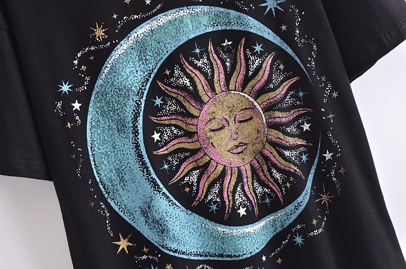 Women Boho Tees Short Sleeve Sun and Moon  Vintage T Shirt