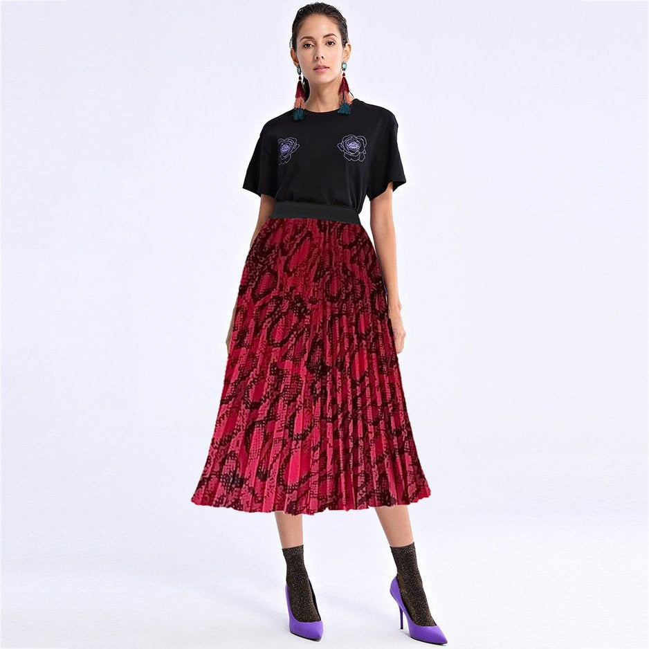 Fashion Women High Waist Pleated A-line Swing Skirt Multi Color Mid Calf Elastic Skirt