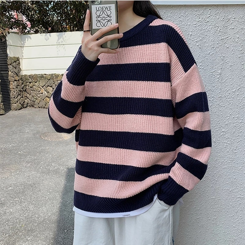 Striped Knitted Sweater Men Loose Sweaters Jumper Pullover Casual