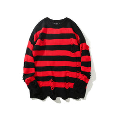 Striped Sweaters Washed Destroyed Ripped Sweater Hole Knit Jumpers Men Sweater