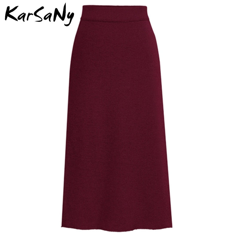 Knit Pencil Skirt Women High Waist Skirts Women Split Midi Skirt