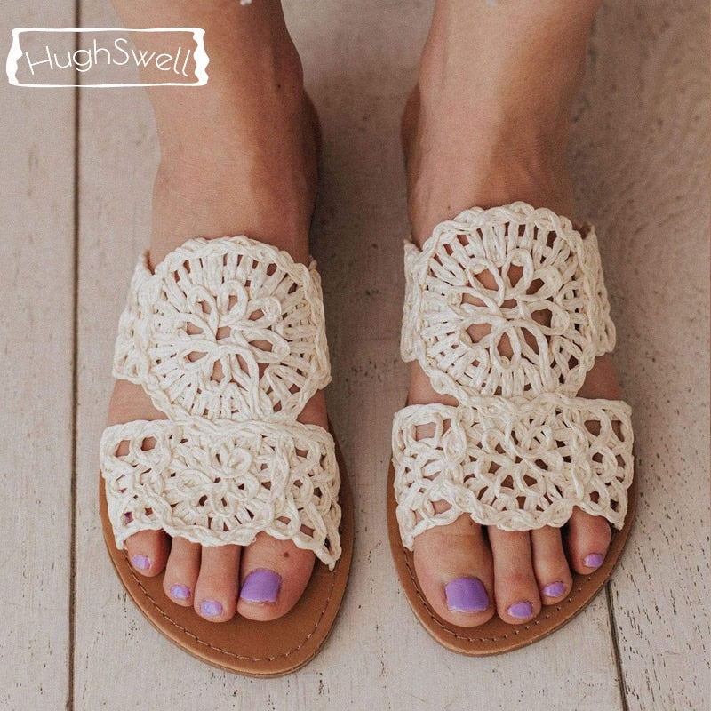 Summer Crochet Sandals Women knitted Flower Slides