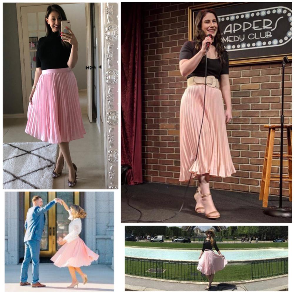 Fashion Women High Waist Pleated A-line Swing Skirt Multi Color Mid Calf Elastic Skirt