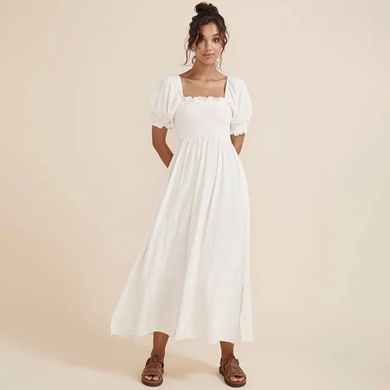 Casual Dress Sexy Backless Square Neck Puff Sleeve Midi Dresses