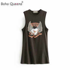 Hippie Women Sleeveless Cartoon Print Tees Loose  Top