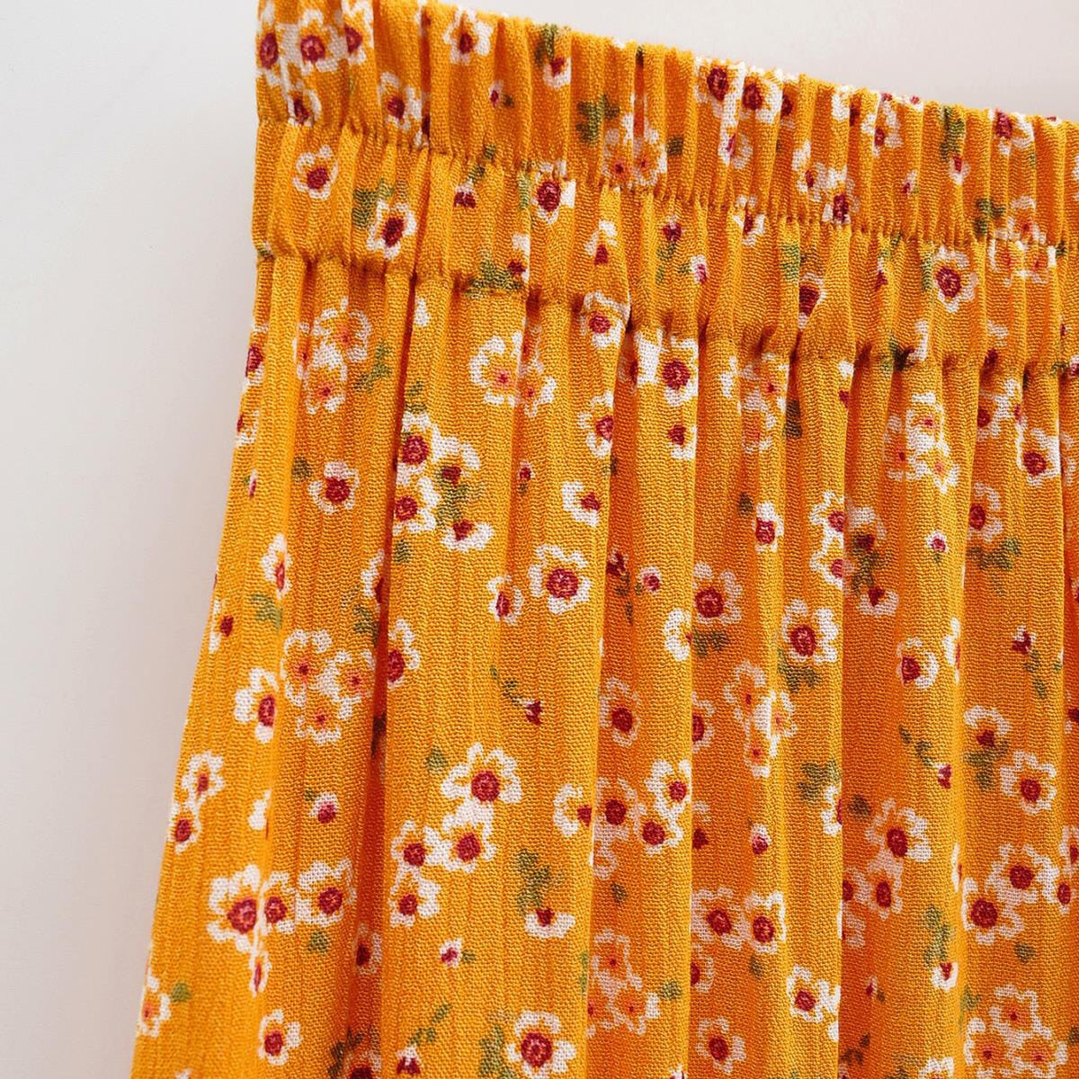 Boho Orange Floral Print Long Skirt Elastic High Waist  Ruched Pleated