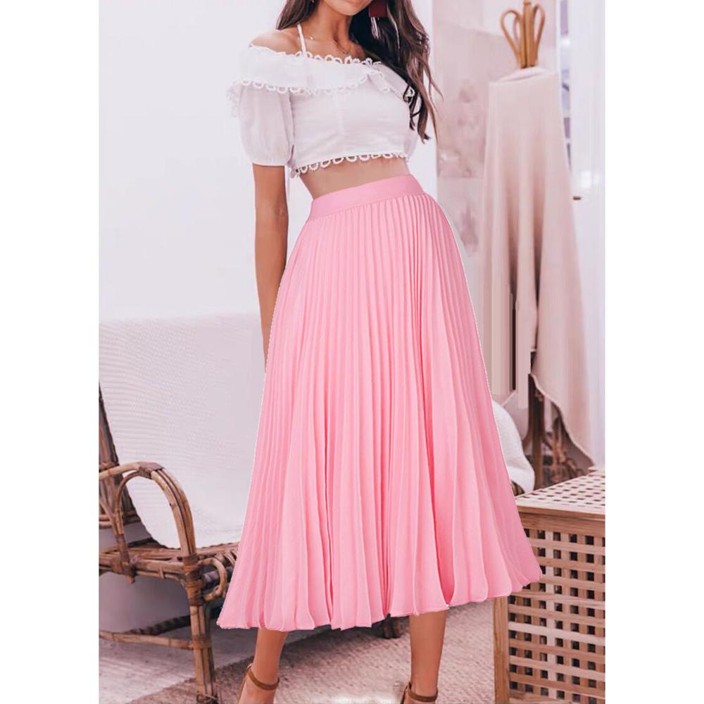 Fashion Women High Waist Pleated A-line Swing Skirt Multi Color Mid Calf Elastic Skirt