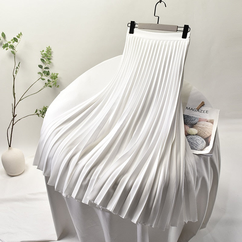 Autumn A-line Pleated Skirt Stretch Waist White Long Skirt