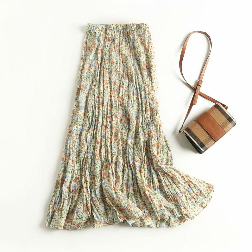 BOHO Green Floral print Rayon Wrinkle Long Skirt Elastic High Waist