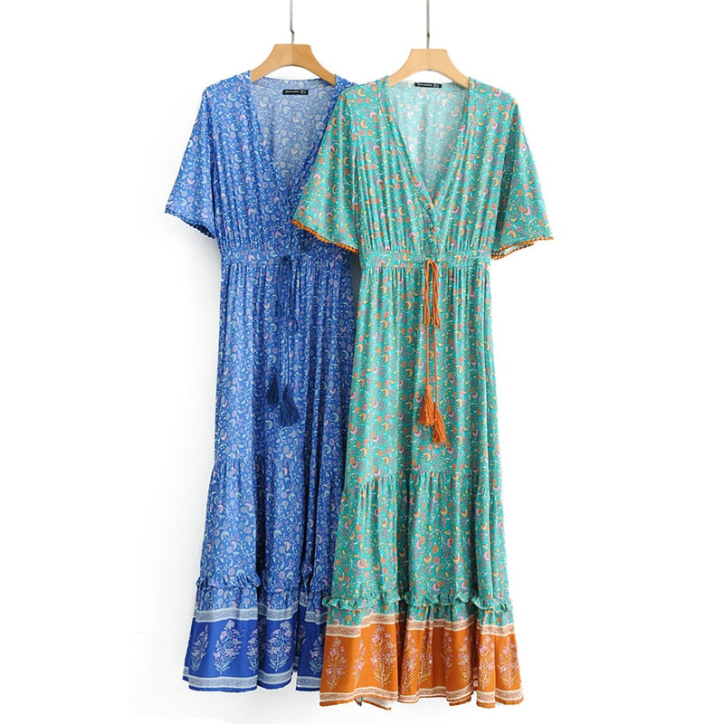 Fashion Floral Print V-neck  Rayon Cotton Bohemian Dresses