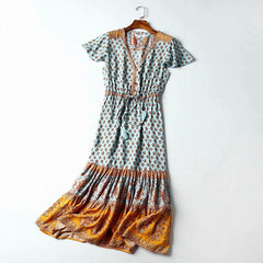 Floral print BOHO Dress Tie Bow Tassel Hippie Long Dresses