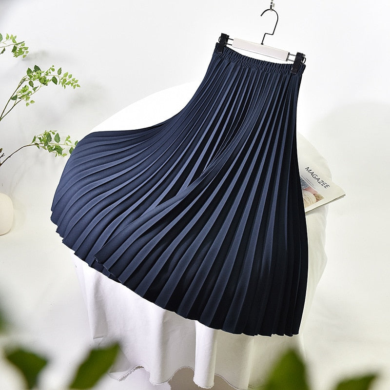 Women A-Line Spring Pleated Skirt Elegant Stretch High Waist Long Skirt