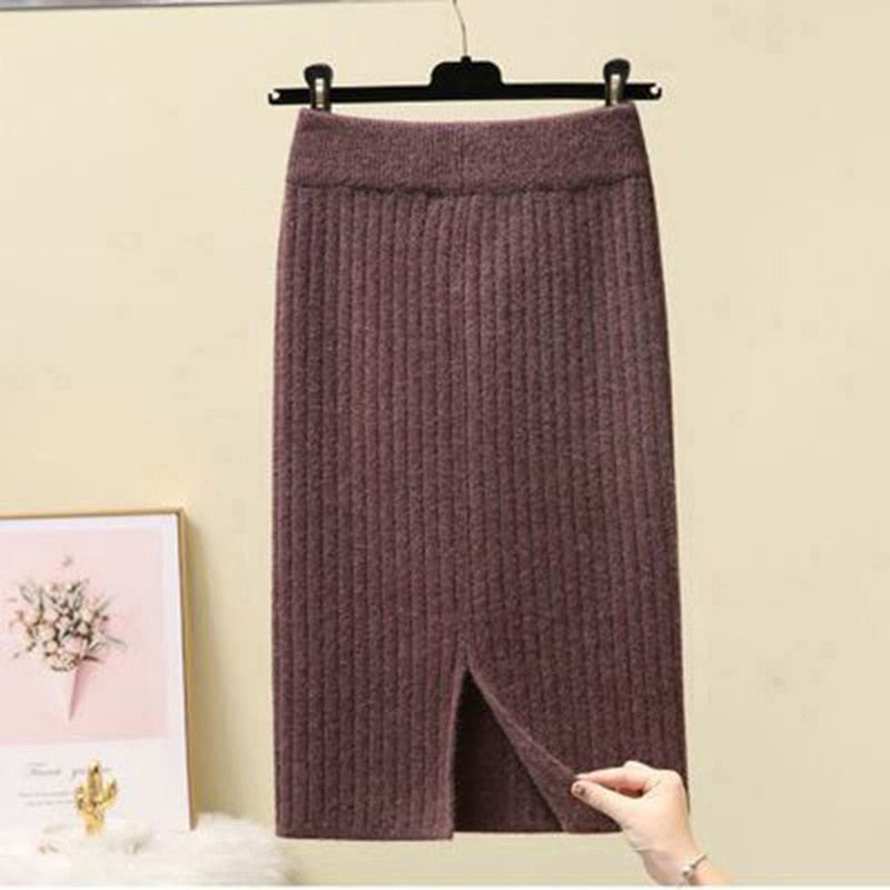 Knit Pencil Skirt Women High Waist Elastic Skirts