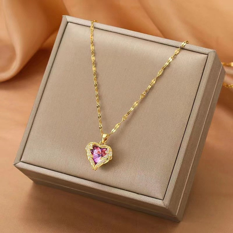 Zircon Crystal Ocean Heart Pendant Necklace