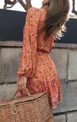 Bohemia V neck Location Floral Print BOHO Long Sleeve Short Dress