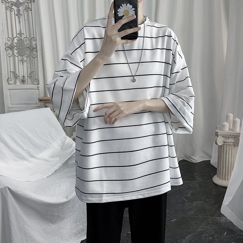 Oversized T-Shirt Men Funny Striped Hip Hop Loose Half Sleeve T Shirts