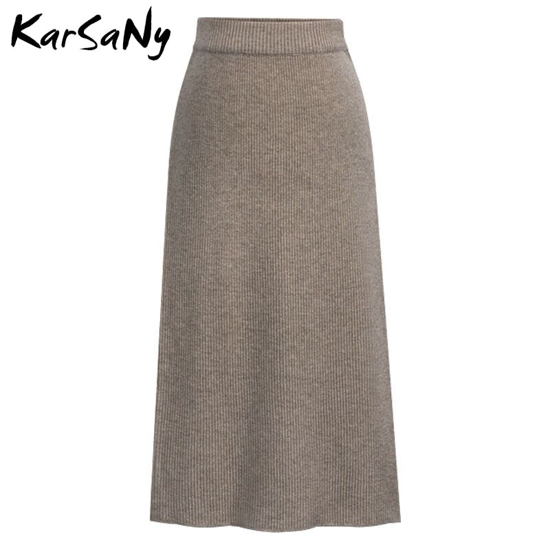 Knit Pencil Skirt Women High Waist Skirts Women Split Midi Skirt