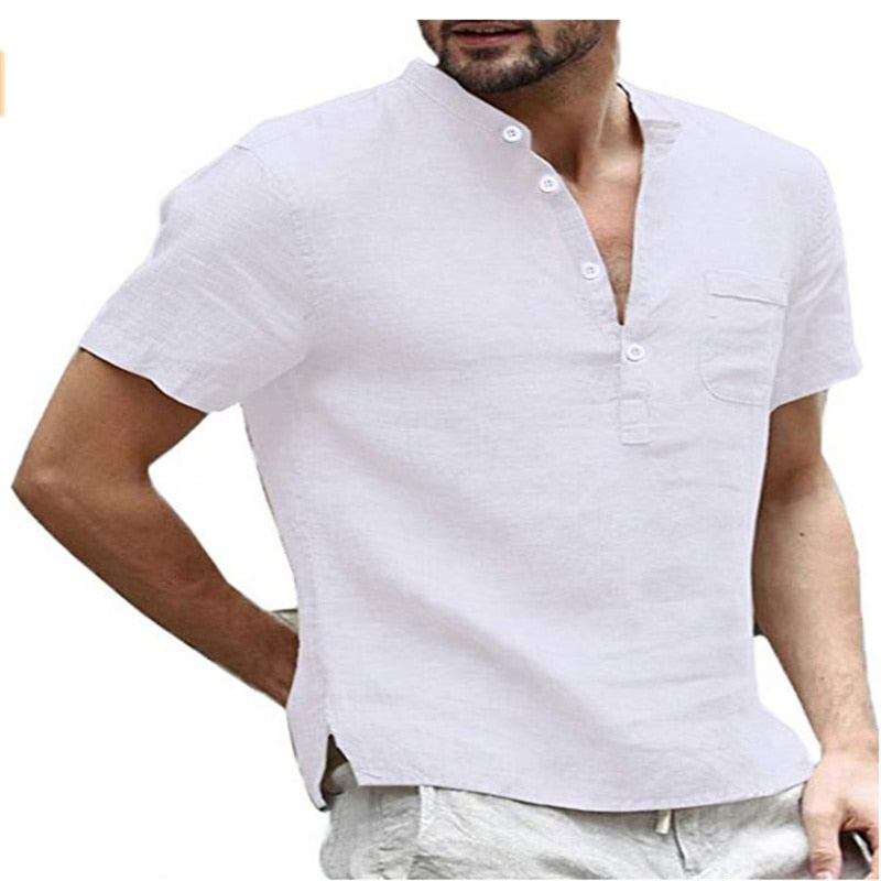 Men T-shirt V-neck single breasted design Casual Linen Breathable Shirt