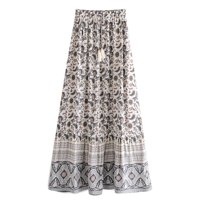 Bohemia Paisley Floral Print Long Skirt Spliced Ruched Ruffle Hem Hippie